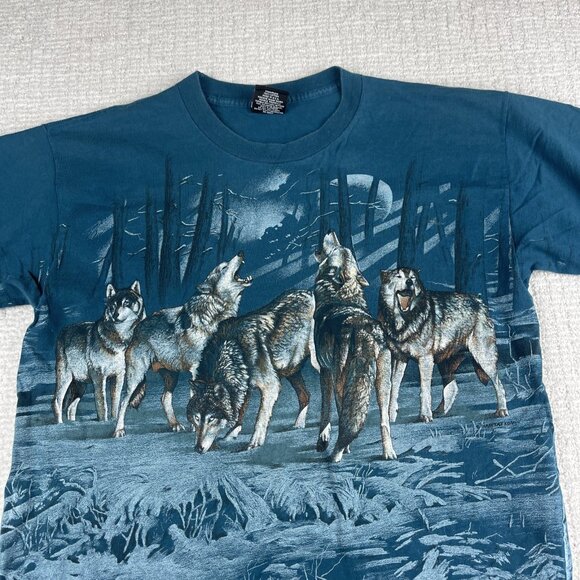 Vintage USA MADE Wolf Print T Shirt Men’s L All Over Print AOP Nature 90s - Picture 2 of 16